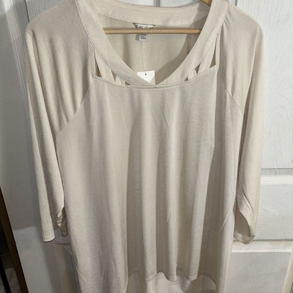 CATO WOMENS SIZE 14/16 W CREAM 3/4 SLEEVE POLYESTER HI-LOW HEM TOP NWT